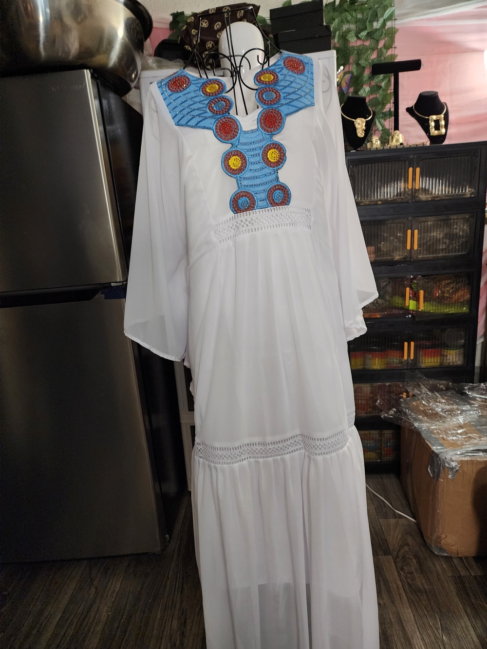 White Embroidered Maxi Dress with Blue & Multicolor Yoke